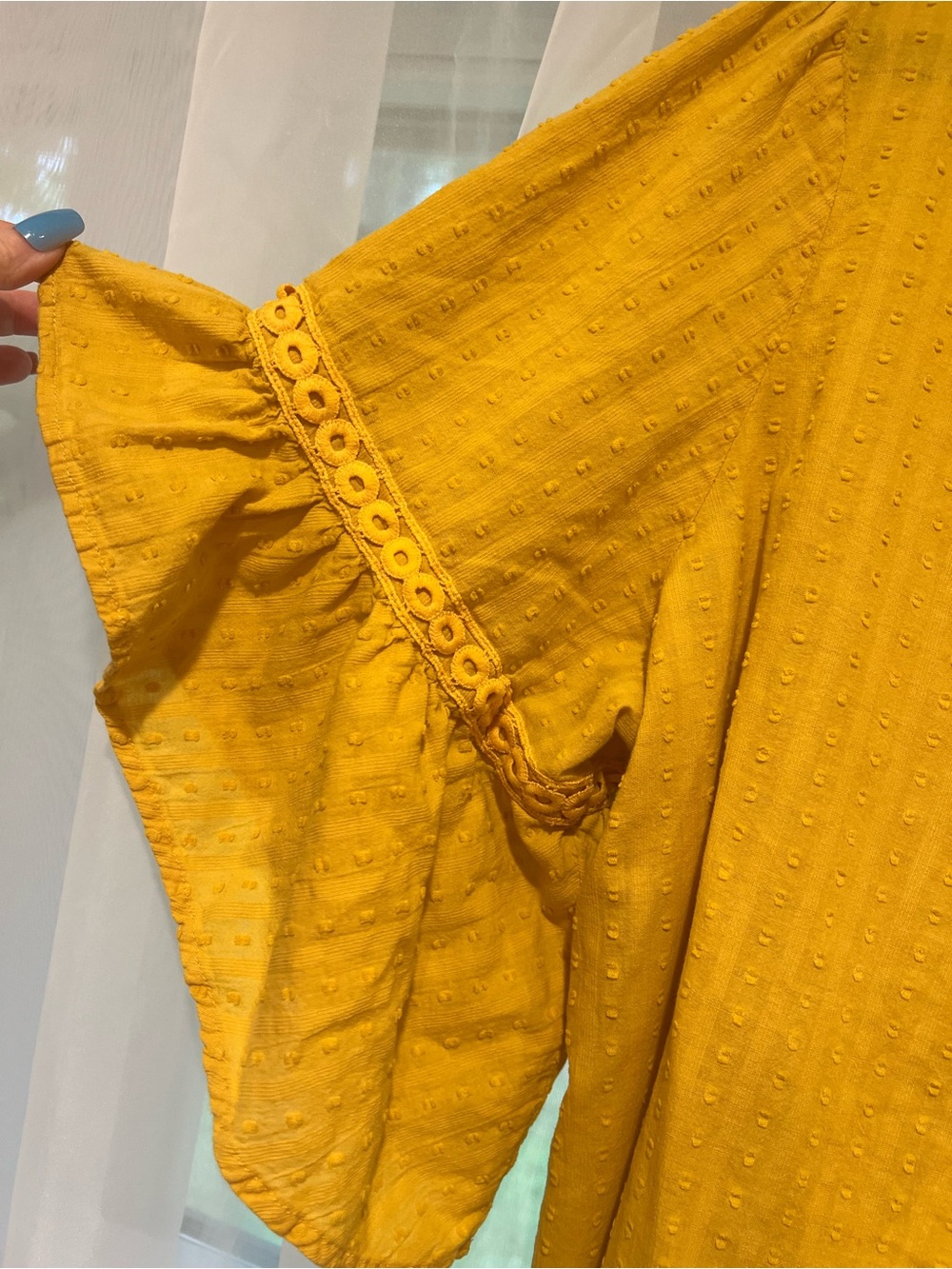 BloomChic Mustard Yellow Textured Peasant Top with Tassel - Picture 2 of 5